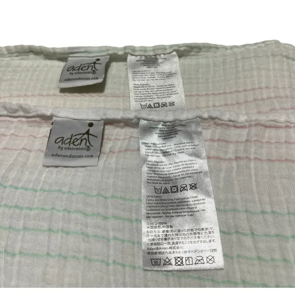 2 Aden + Anais Muslin Swaddle Baby Blankets Pink Aqua Green Gray Stripes Cotton